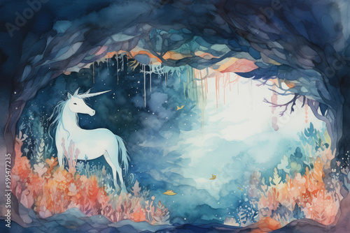 a watercolor painting of a unicorn traversing through a cave filled with glittering gemstones and stalactites, with a sense of adventure, Generative Ai © sukumarbd4