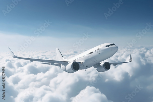 Modern airplane is flying over low clouds. Landscape with passenger airplane  Passenger aircraft. Business travel.  generated by AI.