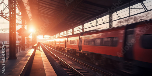 High speed train in motion on the railway station at sunset. Fast moving modern passenger train on railway platform. Railroad with motion blur effect. Commercial transportation generated by AI.