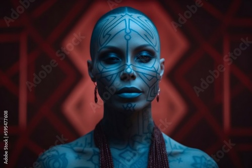 a woman with zen-inspired red facial tattoos and eye makeup, in the style of futuristic shapes. generative AI