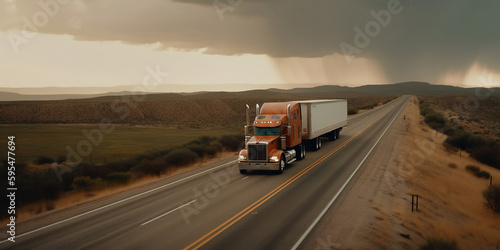 Truck with container on highway, cargo transportation concept generated by AI. © Rattanapon