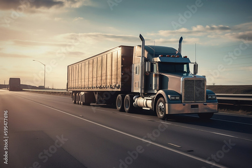 Truck with container on highway, cargo transportation concept generated by AI.