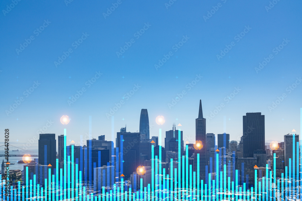 Skyscrapers Cityscape Downtown View, San Frencisco Skyline Buildings. Beautiful Real Estate. Day time. Forex Financial graph and chart hologram. Business education concept.