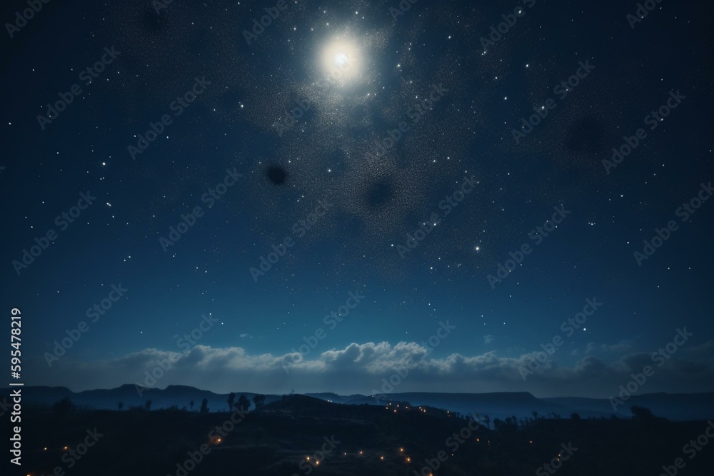 Sky illuminated with stars and moon. Generative AI
