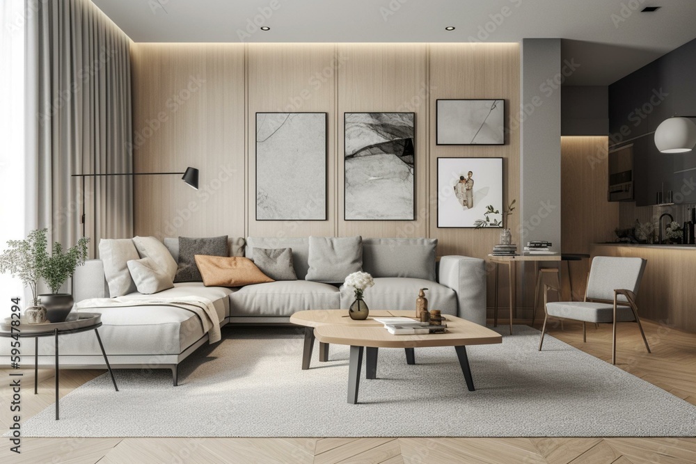Spacious living area in white with grey sofa, wooden table, lamp, and a carpeted mock-up wall. Plenty of open space for creative designs. Generative AI