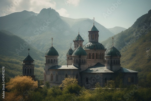 Historic church with multiple domes in serene green valley, framed by mountains and clouds. Generative AI