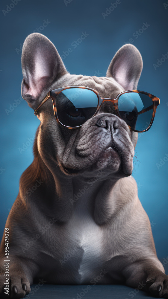 French Bulldog with sunglasses posing on blue background