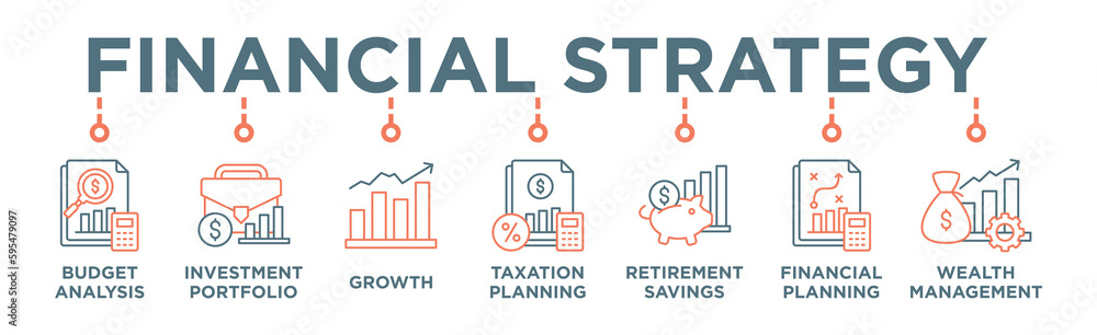Financial strategy banner web icon vector illustration concept with icon of budget analysis, investment portfolio, growth, taxation planning,retirement savings, financial planning, wealth management Financial strategy banner web icon vector illustration concept with icon of budget analysis, investment portfolio, growth, taxation planning,retirement savings, financial planning, wealth management
