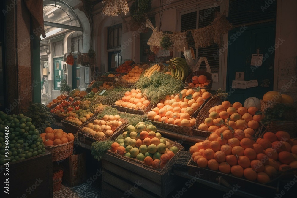Traditional fruit and vegetable shop. Generative AI