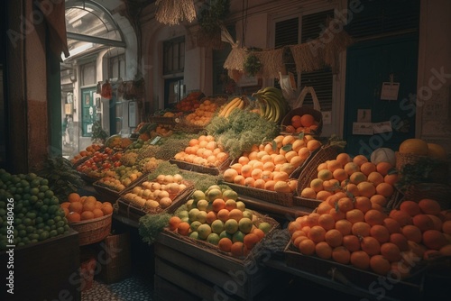 Traditional fruit and vegetable shop. Generative AI
