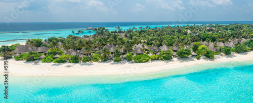 Aerial Maldives island beach. Tropical landscape of summer panorama white sand with palm trees shoreline view. Luxury travel vacation destination. Exotic beach landscape. Amazing nature, relax freedom