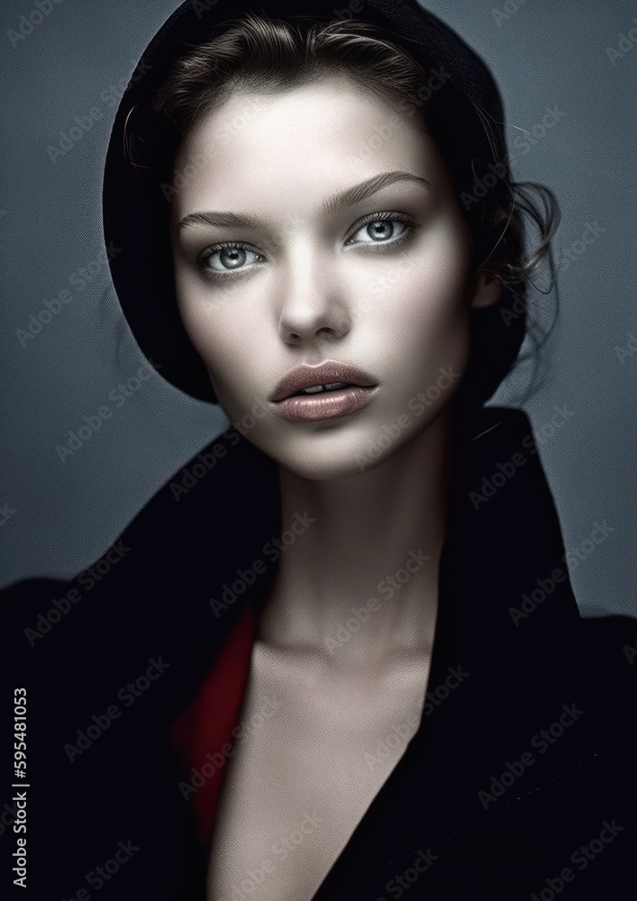hazel eyes alluring color portrait woman wearing black coat red shirt