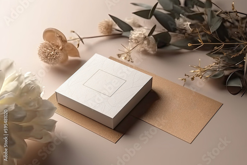 Wedding invitation mockup with paper and envelope, gifts, eucalyptus, ribbon, f;pwers, top. Generated Ai photo