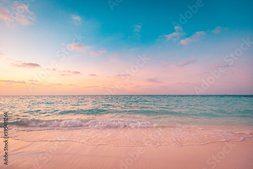 Peaceful closeup sea sand beach. Beautiful nature landscape. Inspire tropical beach seascape wave horizon. Orange golden sunset sky calm tranquil relaxing summer. Vacation travel holiday concept