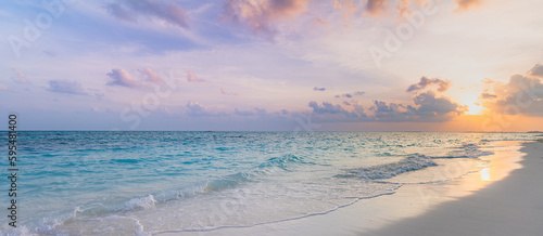 Fototapeta Naklejka Na Ścianę i Meble -  Peaceful closeup sea sand beach. Beautiful nature landscape. Inspire tropical beach seascape wave horizon. Orange golden sunset sky calm tranquil relaxing summer. Vacation travel holiday concept