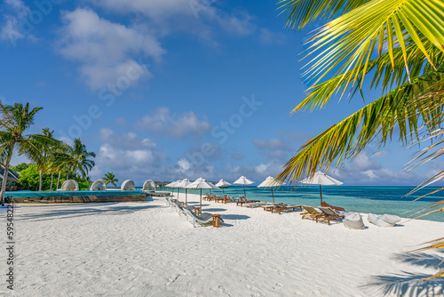 Beautiful outdoor tourism landscape. Luxury beach resort with swimming pool and beach chairs beds under umbrellas with palm trees sunny sand blue sea sky. Summer travel and vacation background concept