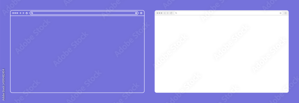 Blank web browser, internet page window with toolbar and search field. Modern website in flat style, line art. Browser mockup for computer, tablet and smartphone. Vector illustration