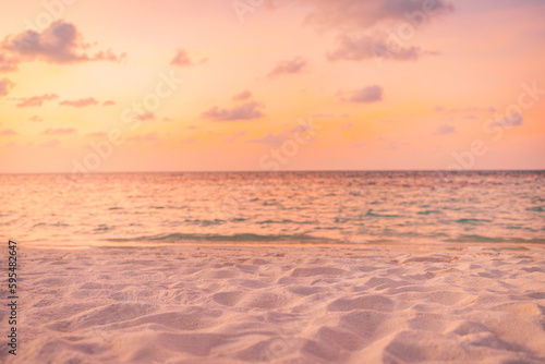 Beautiful nature closeup sand background. Tranquil beach landscape  calm sea colorful relaxing sunset sky clouds view. Natural aquatic tropical Mediterranean sundown. Inspire travel sunrise coast