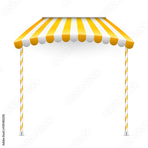 Yellow shop sunshade with stand holders. Realistic striped cafe awning. Outdoor market tent. Roof canopy. Summer street store. Vector illustration