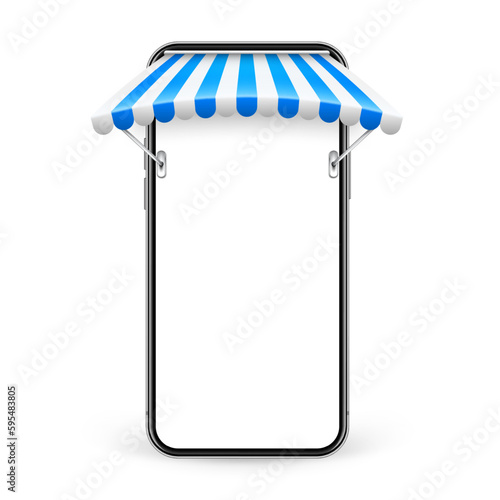 Smartphone with shop sunshade and metal mount, online internet shopping. Realistic blue striped cafe awning. Outdoor market tent. Roof canopy. Summer street store. Vector illustration