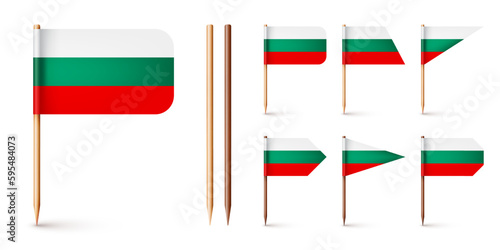 Bulgarian toothpick flags. Souvenir from Bulgaria. Wooden toothpicks with paper flag. Location mark, map pointer. Blank mockup for advertising and promotions. Vector illustration