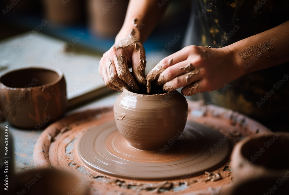 Hobby making of clay vessels in a traditional way by a potter. Generative ai
