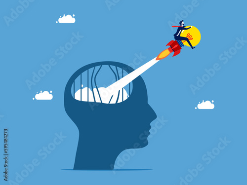 Business creative ideas. Brave businessman flies out of prison with a human head with a light bulb vector