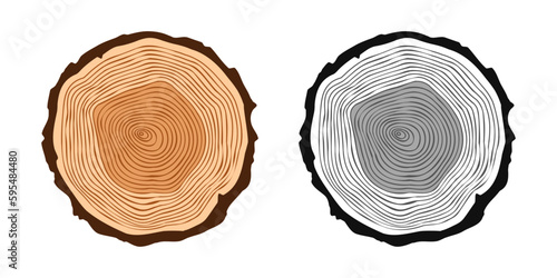 Round tree trunk cuts in various colors, sawn pine or oak slices, lumber. Saw cut timber, wood. Brown wooden texture with tree rings. Hand drawn sketch. Vector illustration