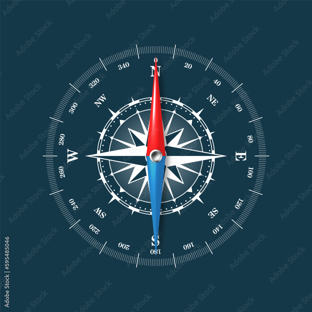 Marine compass, nautical wind rose with cardinal directions of North, East, South, West and degree markings. Geographical position and orientation, cartography and navigation. Vector illustration Marine compass, nautical wind rose with cardinal directions of North, East, South, West and degree markings. Geographical position and orientation, cartography and navigation. Vector illustration