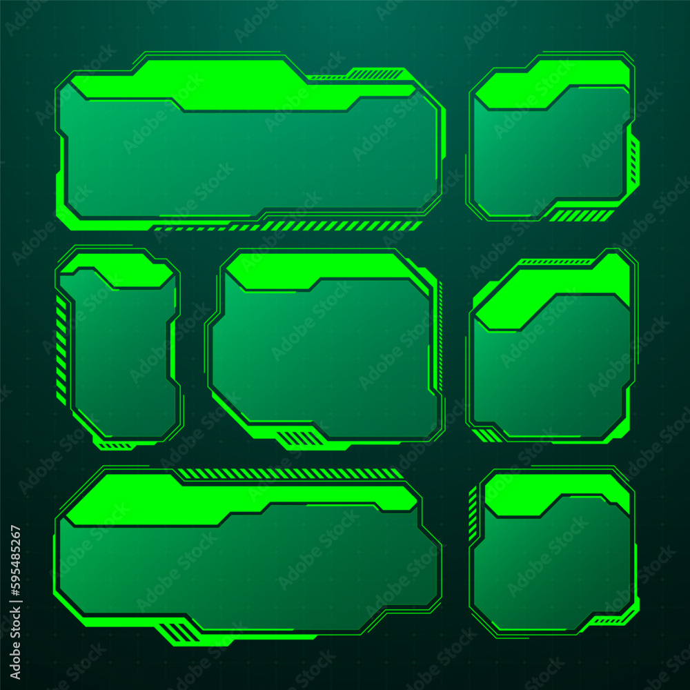 Obraz premium Green futuristic HUD, UI elements. Sci-fi user interface text boxes, callouts. Warning message frames, information boxes template. Modern game interface layout in digital style. Vector illustration