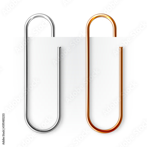 Realistic copper and steel paperclips attached to paper isolated on white background. Shiny metal paper clip, page holder, binder. Workplace office supplies. Vector illustration
