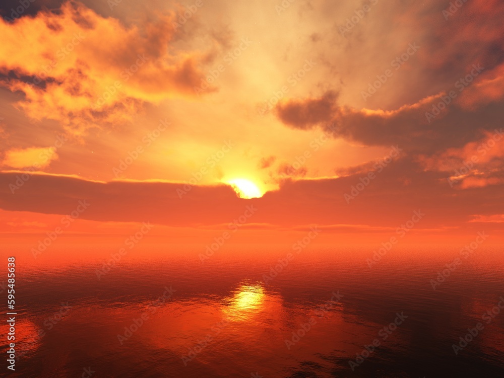 Beautiful sunset among the clouds over the water, sea sunset, 3d rendering