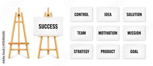 Realistic paint desk with text on white canvas. Wooden easel and a sheet of drawing paper. Presentation board on a tripod. Leadership and success, goals achievement. Vector illustration