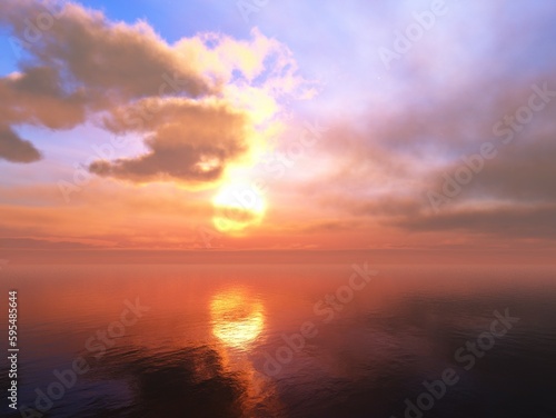 Beautiful sunset among the clouds over the water, sea sunset, 3d rendering © ustas