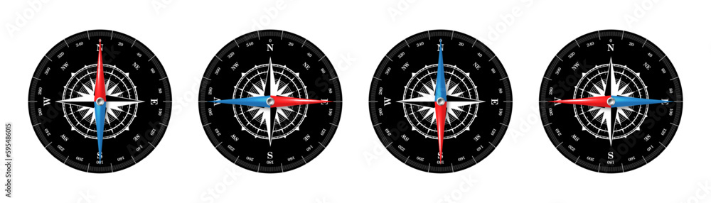 Marine compass, nautical wind rose with cardinal directions of North, East, South, West and degree markings. Geographical position and orientation, cartography and navigation. Vector illustration Marine compass, nautical wind rose with cardinal directions of North, East, South, West and degree markings. Geographical position and orientation, cartography and navigation. Vector illustration