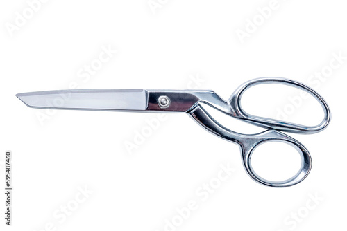 Closed metal tailor's scissors. Tools and accessories for hobby and tailor business. Close-up. Top view. Isolated on white background.