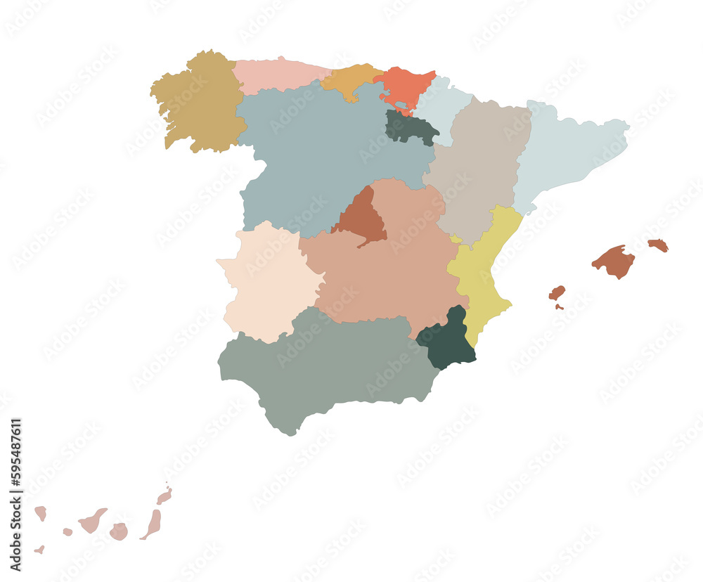 Spain map with administrations regions, ,multicolor map of Spain