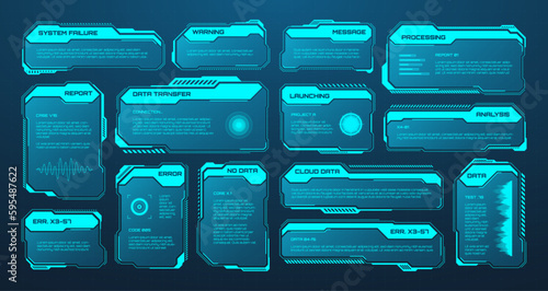 Blue futuristic HUD or UI elements. Sci-fi user interface text boxes, callouts. Warning message frames, information boxes template. Modern game interface layout in digital style. Vector illustration