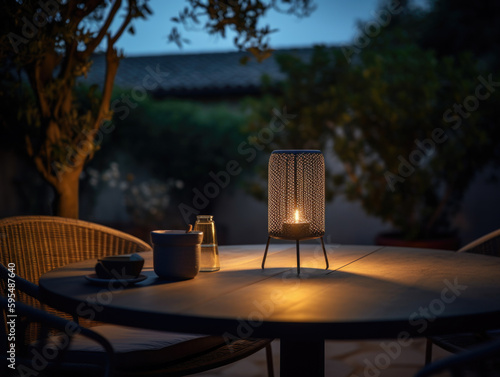 Candle is lit on a table outside at night. Generative AI