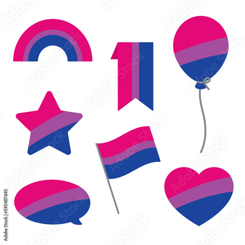 Pink, purple, and blue colored speech bubble, star, heart, balloon, flag and rainbow icons, as the colors of the bisexual flag. LGBTQI concept. Flat vector illustration.	