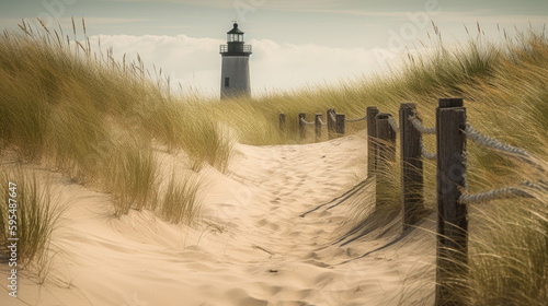 Path leading to a lighthouse in the sand dunes. Generative AI