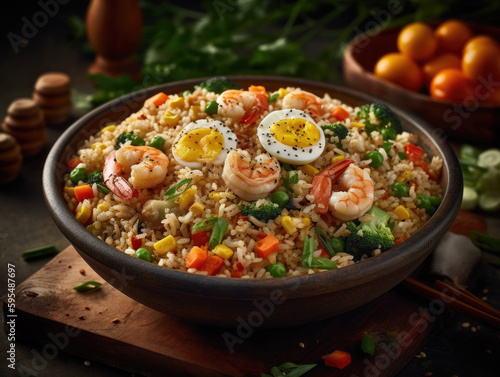 Fried rice with shrimp and vegetables in a bowl. Generative AI