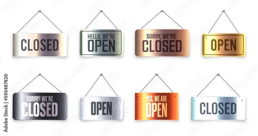 Open Close Signage Booth Brushed metal Open and Closed hanging signboards. Vintage door sign for ...