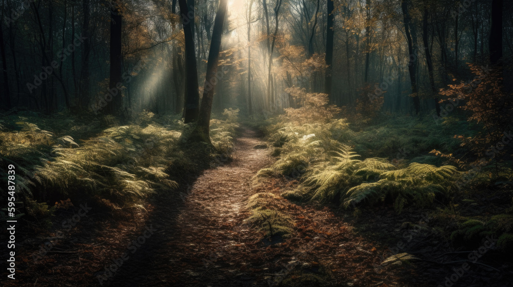 Fototapeta premium Path through a forest with sunlight shining through the leaves. Generative AI