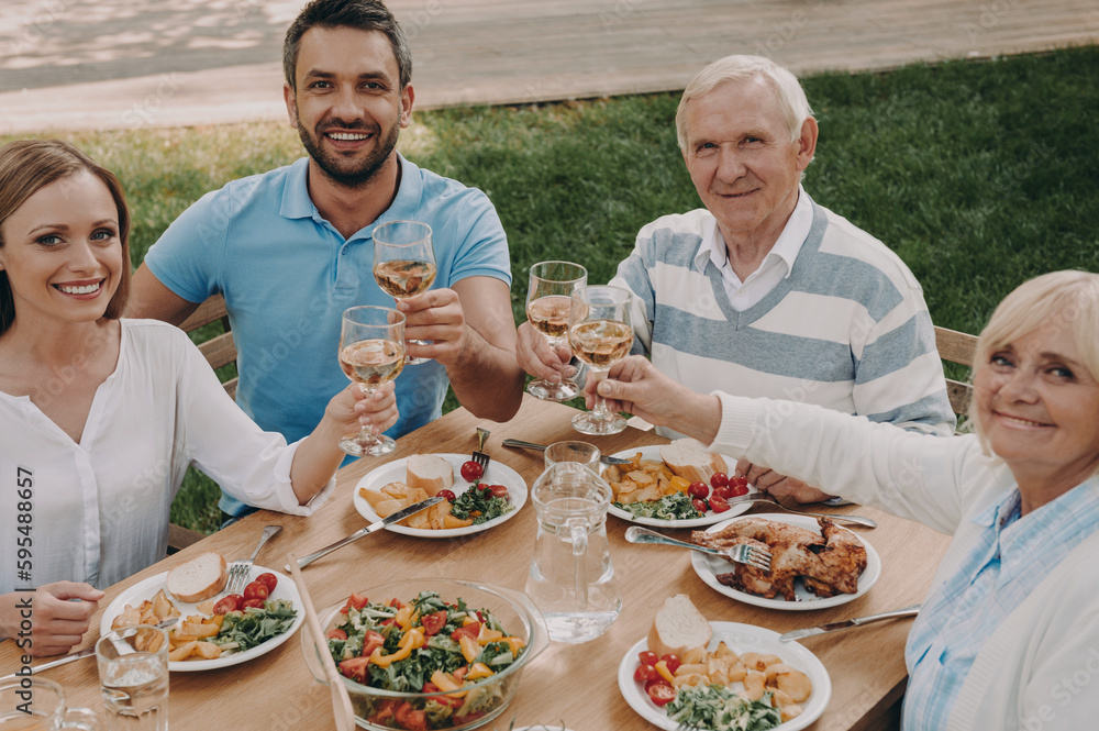 Happy multi-generation family toasting with wine while enjoying dinner outdoors together Happy multi-generation family toasting with wine while enjoying dinner outdoors together