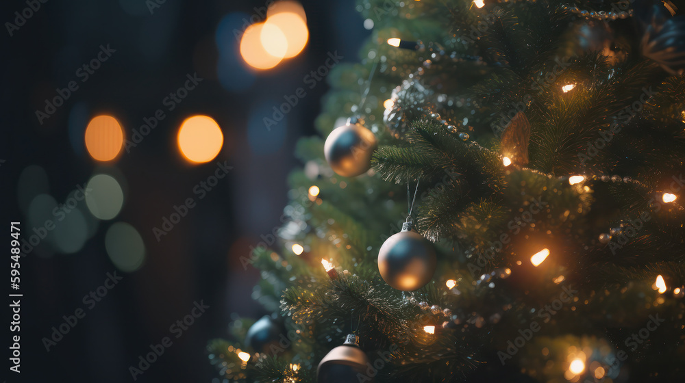 Merry and Bright: Closeup of Christmas Tree with Bokeh Lights and Empty Space for Text Merry and Bright: Closeup of Christmas Tree with Bokeh Lights and Empty Space for Text