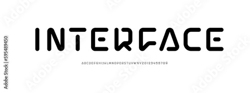 Technical font, digital rounded alphabet, trendy uppercase Latin letters from A to Z and Arab numbers from 0 to 9 for you ui ux designs, vector illustration 10EPS