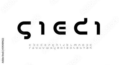 Technology science font, digital cyber alphabet made futurism style, Latin letters A-Z and Arab numerals 0-9 space style