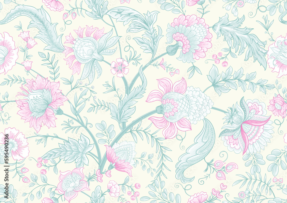 Fantasy flowers in retro, vintage, jacobean embroidery style. Seamless pattern, background. Vector illustration.