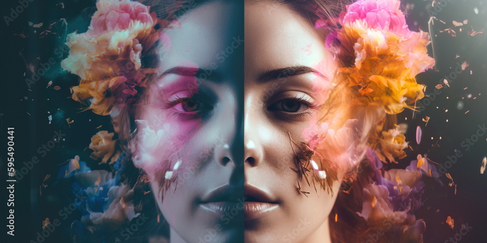 Double-exposure fashion portrait of beautiful young woman with colorful flowers on her face Generative AI Double-exposure fashion portrait of beautiful young woman with colorful flowers on her face Generative AI